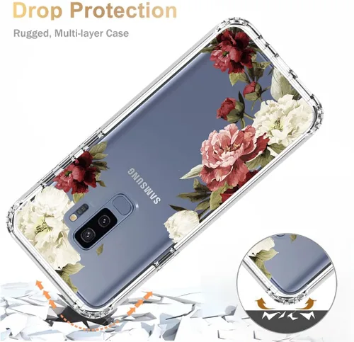 Vista 7 de Funda protectora para Samsung Galaxy S9+ G965U con protector de pantalla de vidrio templado, lindo patrón floral transparente de cuerpo completo