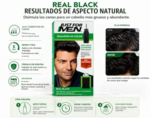 Vista 6 de JUST FOR MEN Tinte para el cabello H-55 negro real 1 unidad (paquete de 5)