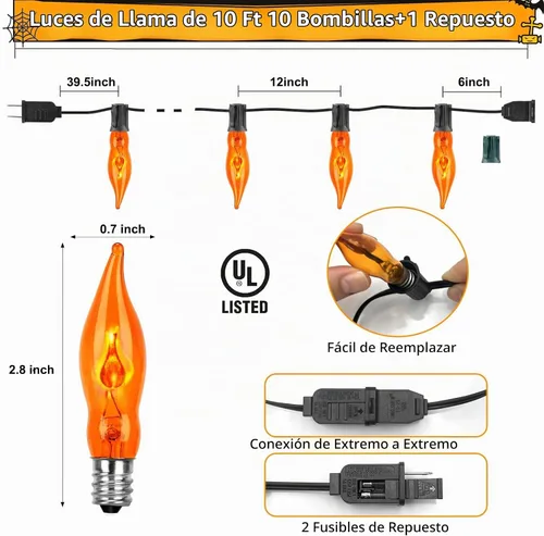 Vista 2 de Couah - Tira de luces de llama parpadeante de Halloween, color naranja, tira de luces C18 parpadeantes de 10 pies, base C18 E12, luces de chimenea