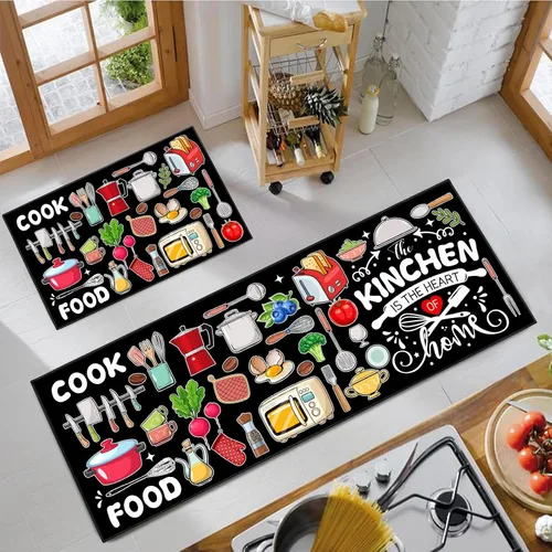 Vista 7 de Farmhouse Kitchen Rules Alfombra Juego de 2 Piezas, Decoración Rústica Negra Alfombras de Cocina, Tapetes de Piso Antideslizantes Absorbentes
