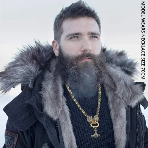 Vista 3 de QZY Viking Collar de acero de titanio sólido para hombre, cadena bizantina cuadrada de oro y plata con cabeza de lobo y colgante de martillo de Thor