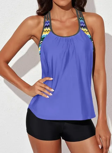 Vista 4 de Aleumdr Womens Blouson Striped Printed Push up Strappy T-Back Tankini Top with Shorts(Available in Plus)