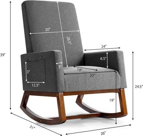Vista 10 de Giantex Mecedora tapizada, sillón moderno de tela con base de madera, bolsillo lateral, asiento acolchado de lino, silla mecedora con respaldo alto
