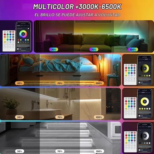 Vista 6 de Tira de luces LED RGBWW+IC de 50 pies con control remoto y aplicación