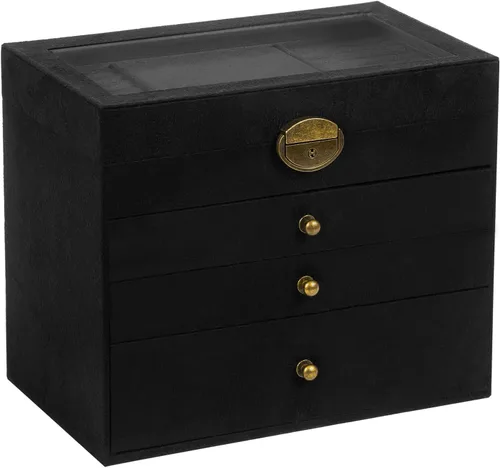 Vista 8 de Somduy Joyero para niñas y mujeres, 4 capas, organizador de joyas vintage y caja de exhibición, almacenamiento de collar de gran capacidad