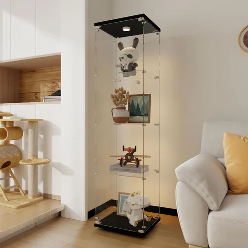 Vista 24 de Armario esquinero de cristal templado con 4 estantes de 64 pulgadas de alto, gabinete de licor de 5 lados con luces LED, bloqueo y pies ajustables