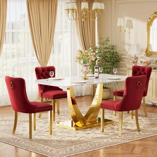 Vista 8 de Juego de mesa de comedor de cristal moderno de mediados de siglo para 4, 63 pulgadas, juego de comedor rectangular grande de lujo con parte superior