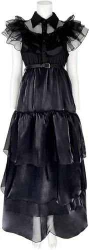 Vista 7 de Hqroidd Vestido de Wednesday Addams para mujer, disfraz de fiesta de graduación, falda de tul de malla negra con cinturón, disfraz de Halloween