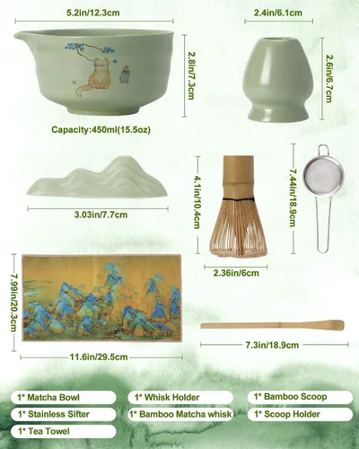 Vista 2 de Juego de batidor de matcha, juego de matcha de cerámica incluye cuenco matcha, batidor de matcha y soporte, cuchara de bambú, soporte para Verde