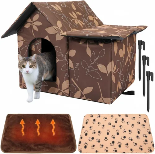 Vista 8 de Dansydaisy 3 Piezas Casa para Gatos de Exterior Impermeable de 21" x 18" con Puerta con Cortina, Almohadilla Autocalentable, Manta, Refugio Grande