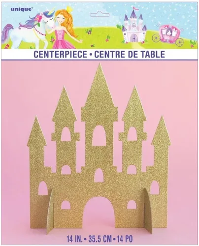Vista 3 de Centro de mesa de castillo de princesa con purpurina dorada (13.8 in), 1 pieza, perfecto para decoraciones encantadoras