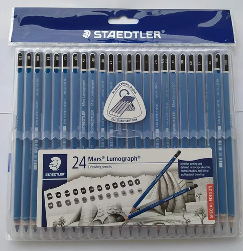 Vista 3 de Staedtler Mars Lumograph - Lápices de madera - Paquete de 24 grados en práctica caja de almacenamiento de plástico con regla de aluminio de 6" y 8