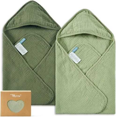 Vista 9 de TILLYOU Paquete de 2 toallas de muselina con capucha para recién nacido, 32 x 32 pulgadas, toallas de baño suaves para bebé altamente absorbentes