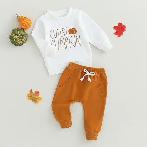 Vista 6 de Muasaaluxi Traje de Halloween para bebé recién nacido, sudadera con cuello redondo y calabaza, pantalones deportivos para otoño e invierno, 0-3T