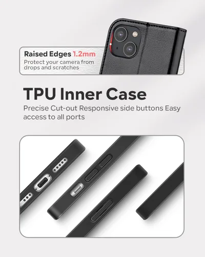 Vista 5 de OCASE Funda de piel sintética compatible con iPhone 14, con tarjetero y función atril con bloqueo RFID [carcasa interior de TPU a prueba de golpes]