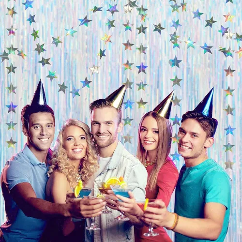Vista 7 de Cheerland Decoraciones de fiesta iridiscentes holográficas de oropel telón de fondo de estrellas brillantes con purpurina para decoración