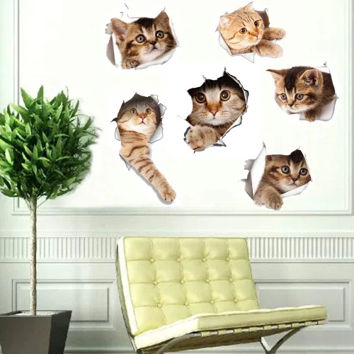 Vista 7 de 6 calcomanías de pared 3D para gatos, autoadhesivas, calcomanías de pared para niños/murales de vinilo extraíbles para sala de estar, habitaciones