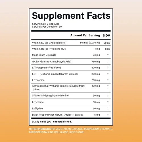 Vista 5 de Ashwagandha Suplementos con GABA Suplemento L-triptófano Cápsulas 5-HTP L-teanina - 120
