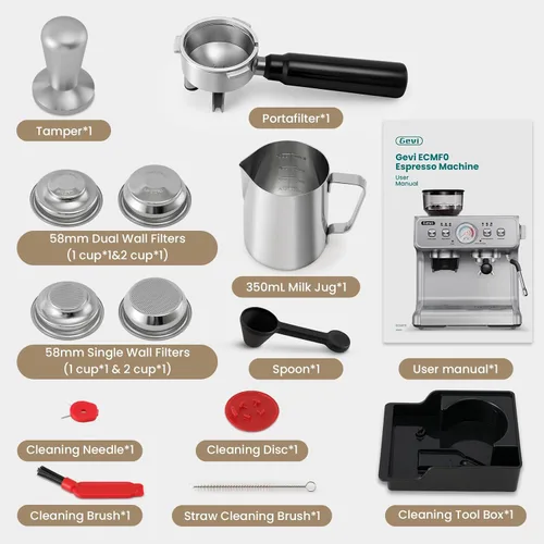 Vista 8 de Gevi Máquina de café expreso de doble caldera con molinillo incorporado, portafiltro comercial de 2.283 in, varita de vapor barista, 31 ajustes