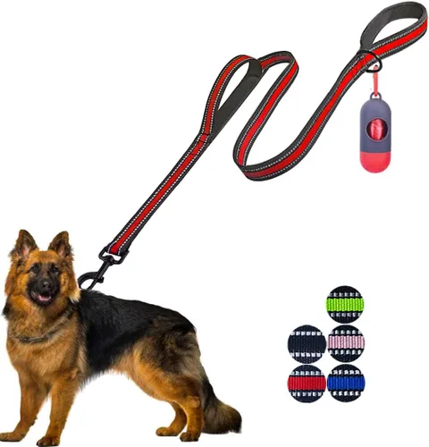 Vista 19 de JSXD Correa resistente de doble asa para perro, 5 pies, acolchada y reflectante, cuerda para perros pequeños a grandes (negro)