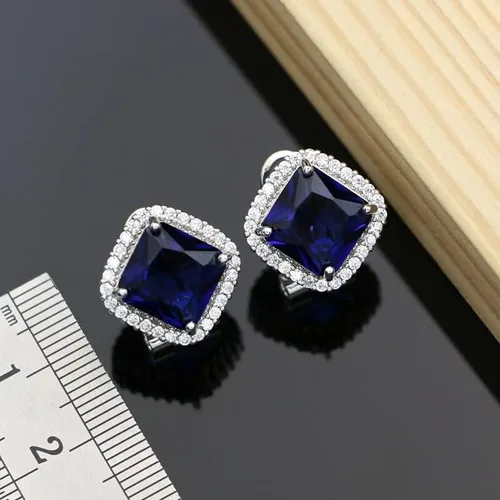 Vista 4 de Juego de joyas de plata 925, disfraz cuadrado de zafiro azul para mujer, aretes de aro, anillos, pulsera, collar
