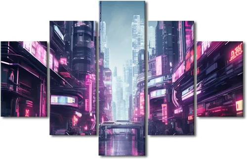 Vista 87 de Póster de 5 paneles en lienzo para decoración de pared, diseño de centro urbano Cyberpunk, impresión moderna, decoración de pared para el hogar