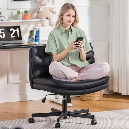 Vista 10 de GTPLAYER Silla de oficina con patas cruzadas con ruedas, silla de escritorio extra ancha sin brazos cómoda para el hogar y dormitorio, cojín de 2