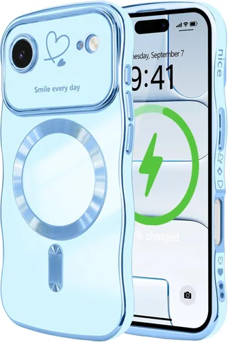 Vista 90 de LCHULLE - Funda magnética para iPhone 13 para mujeres y niñas, con forma ondulada, color azul bebé [Compatible with MagSafe] Cute Curly Wave, Love