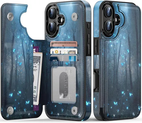 Vista 119 de FUNMIKO Funda tipo cartera para iPhone 15 con tarjetero + clip para efectivo, bloqueo RFID, protección contra caídas de grado militar y obras
