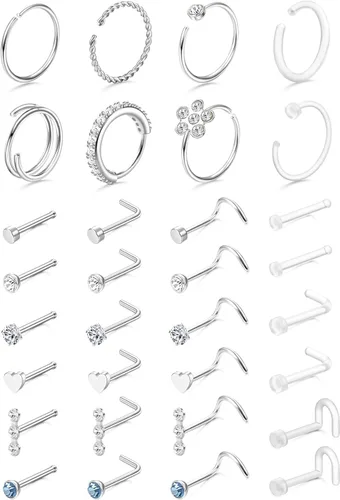 Vista 8 de THUNARAZ 32 anillos de nariz para mujeres y hombres – Retenedor de acero inoxidable quirúrgico hipoalergénico en forma de L transparente, recto