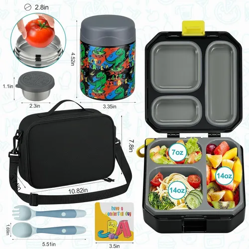 Vista 6 de wiwens - Lonchera Bento para niños con termo de sopa de 12 onzas, contenedor de comida para almuerzo a prueba de fugas con 5 compartimentos, termo
