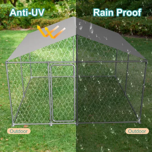 Vista 4 de Perrera grande para perros al aire libre de 10'x10', perrera para perros de acero galvanizado resistente afuera con cubierta impermeable resistente