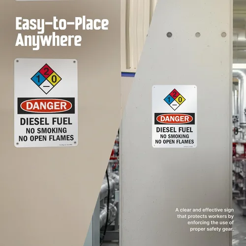 Vista 6 de Señales de seguridad SmartSign. Mensajes: "Danger: Diesel Fuel No Smoking No Open Flames", letras negras o rojas sobre fondo blanco., 1