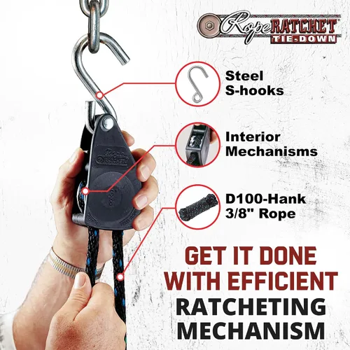 Vista 5 de Rope Ratchet Sistema de polea de bloque y aparejos de 3/8", Polipasto ajustable para equipo de elevación, Plataforma de utilidad al aire libre