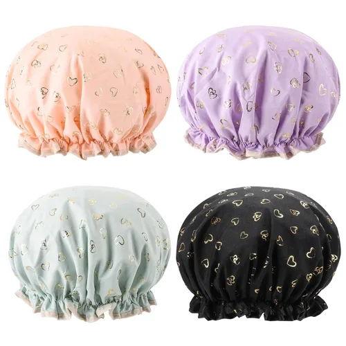 Vista 12 de 4 Piezas Gorros de Ducha para Mujeres y Niña, Gorro de Baño Reutilizable e Impermeable con Doble Capa Impermeable, Patrón de Pájaro y Corazón