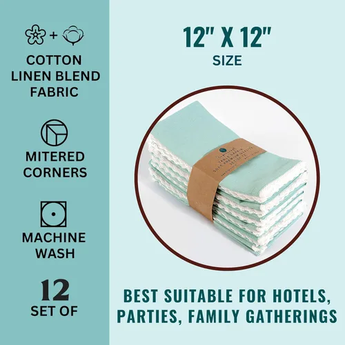 Vista 7 de FINGERCRAFT Servilletas de tela de lino y algodón de 12 unidades con esquinas ingletadas y elegante encaje para uso diario; las servilletas están