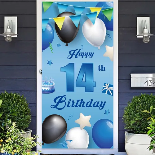 Vista 9 de Cartel azul de feliz cumpleaños número 11, globos de fondo de estrellas, confeti y saludos a los 11 años, decoración temática de puerta, porche