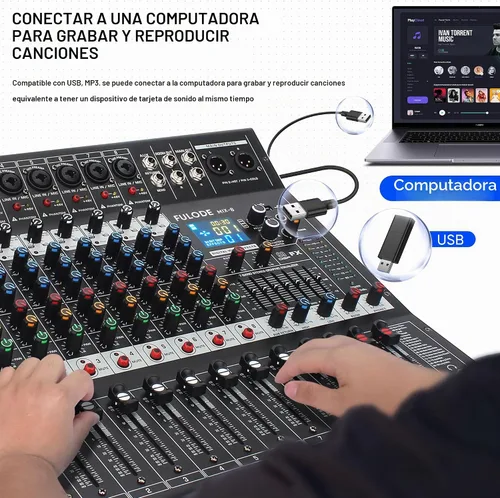 Vista 3 de Consola de mezclador de sonido profesional de 8 canales, 99 bits DSP, procesador digital de 99 bits, USB, Bluetooth, MP3 para entrada de grabación