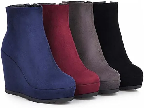Vista 4 de Botines de tacón de cuña de moda para mujer, botines con cremallera y plataforma de cuero nobuk
