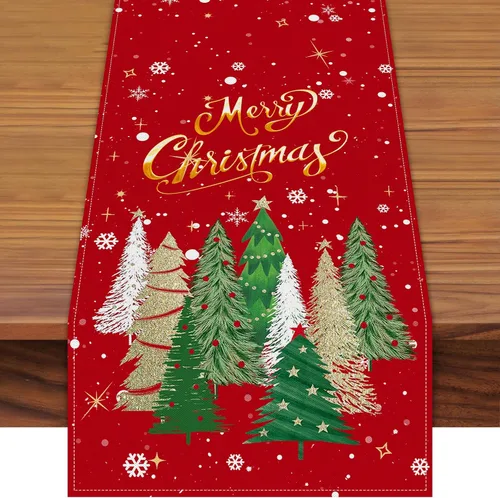 Vista 13 de Camino de mesa navideño de 72 x 13 pulgadas, diseño de adorno rojo con flor de pascua, ramas de pino y patrón de copo de nieve para cocina, mesa