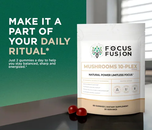 Vista 8 de Focus Fusion Gomitas de hongos 10 Plex Gomitas orgánicas de hongos corporales frutales con melena de león, reishi, cordyceps y chaga Veganas, a