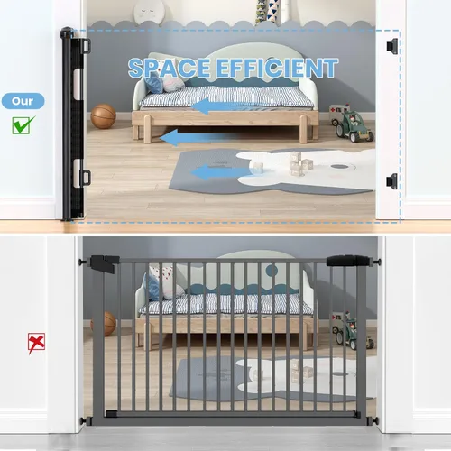 Vista 5 de HAMOPY Puerta retráctil para bebé, 33 pulgadas de alto, se extiende hasta 55 pulgadas de ancho, puertas de bebé duraderas con bloqueo automático