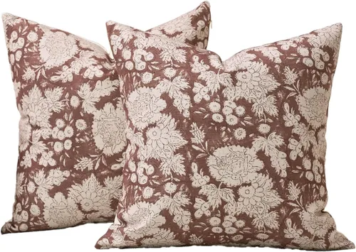 Vista 8 de DOMVITUS Fundas de almohada florales de 18 x 18 pulgadas, juego de 2, fundas de almohada vintage con estampado en bloque, fundas de almohada