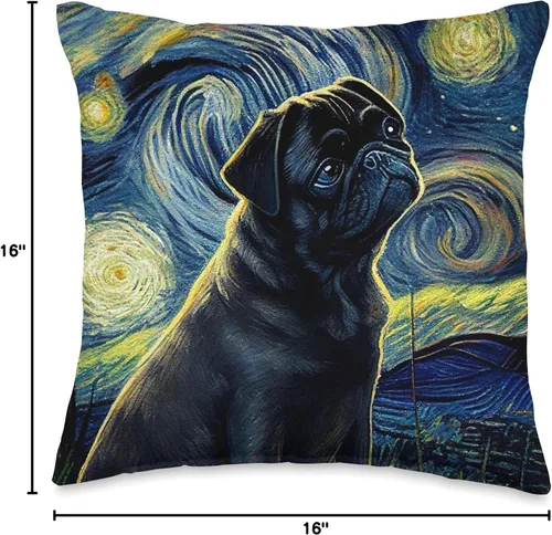Vista 4 de black Pug Pet Love Fun Almohada de perro con diseño de pug negro en noche estrellada, 16 x 16 pulgadas, multicolor