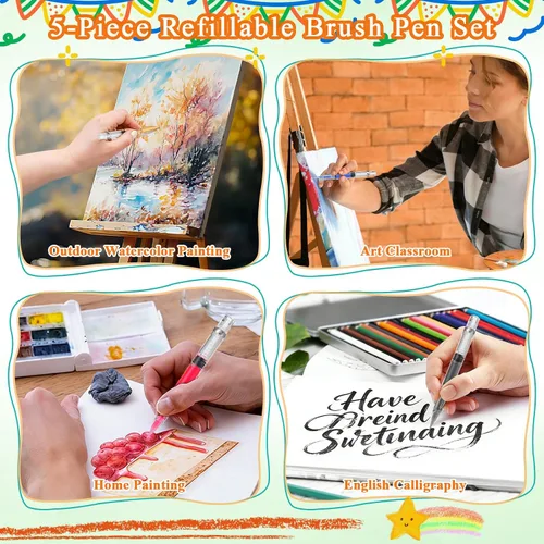 Vista 7 de NUOBESTY Juego de 5 pinceles de agua – Plumas recargables para acuarela, caligrafía, pintura, dibujo, álbum de recortes y bocetos
