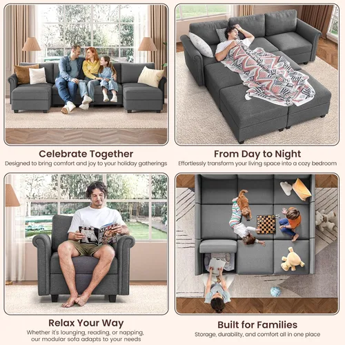 Vista 9 de Moderno sofá modular de 9 plazas, sofá cama convertible en forma de U con almacenamiento, tela de lino sin brazos en forma de L para sala de estar