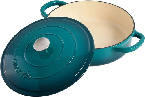 Vista 4 de Crock-Pot Artisan - Braiser de hierro fundido esmaltado con tapa, 5 cuartos de galón, verde azulado degradado Turquesa Degradado