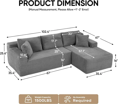 Vista 2 de Sofá sin hueso, sofás seccionales de 102.4 pulgadas para sala de estar con sofá en forma de L Sofá Cloud seccional con diván, sofá modular de nube