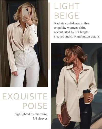 Vista 60 de Odosalii - Camisas con botones para mujer, con cuello en V, manga larga, enrolladas, blusas elegantes y formales para negocios y ocasiones casuales