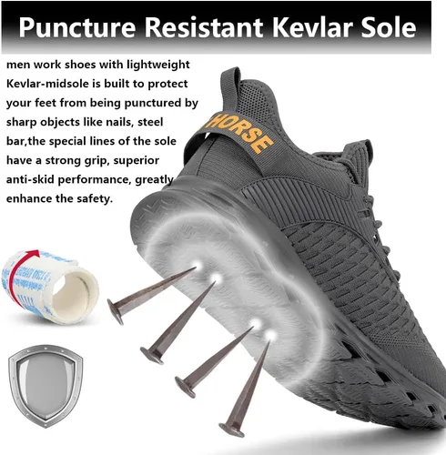 Vista 5 de Zapatos de punta de acero para hombres y mujeres, zapatos de trabajo de seguridad, cómodos, con puntera de acero, a prueba de pinchazos, zapatos